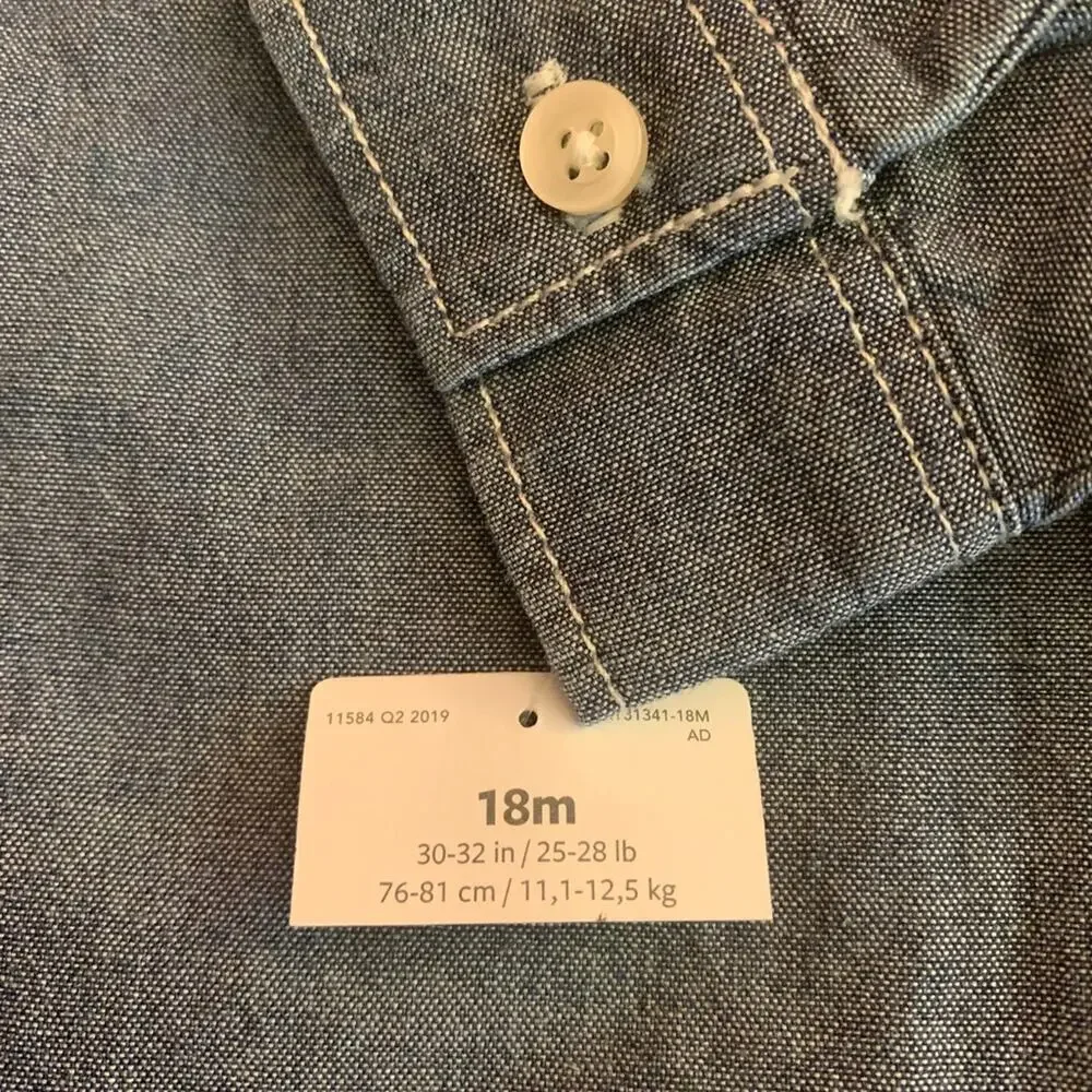 CARTER'S Boy’s Light Weight Denim Long Sleeve Button Down Shirt /Size: 18 MO